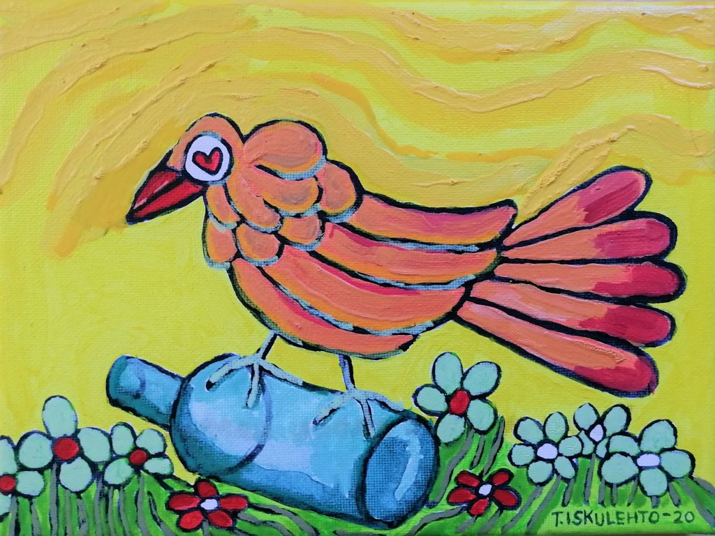 maalaus nimeltä Aikainen lintu madon nappaa taiteilijalta Toni Iskulehto