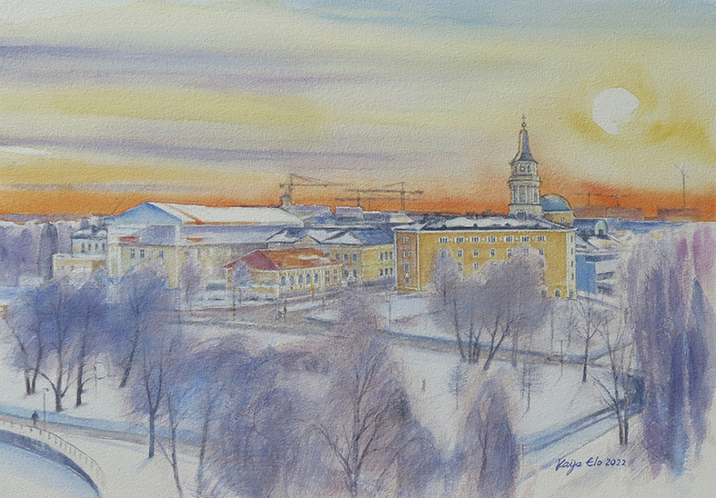 maalaus nimeltä Hyvän päivän aamu (Oulu) taiteilijalta Kaija Elo